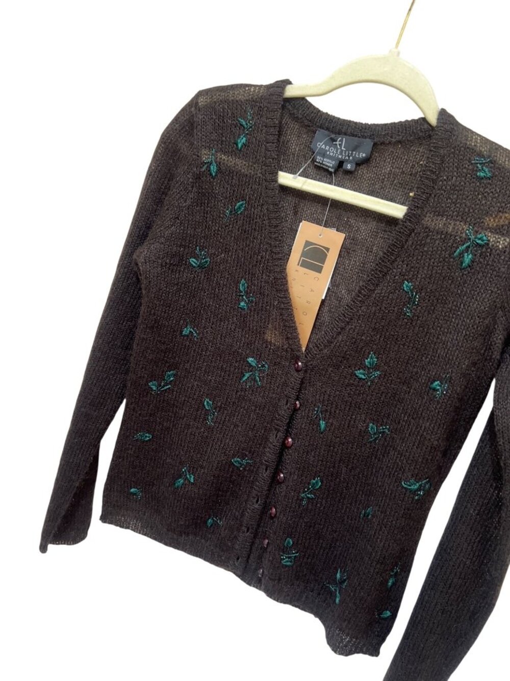 Carole Little Mohair Blend Cardigan S Brown Embroidered Button-Up Vintage 90s Kn